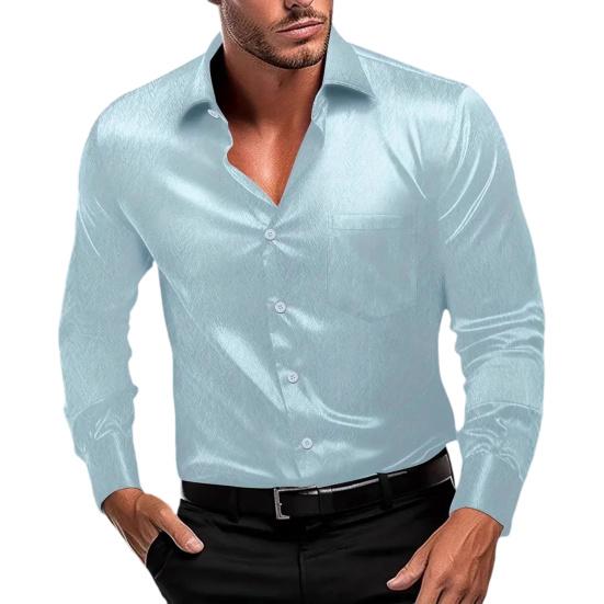 Men Glossy Dress Shirt Turndown Collar Button Down Shirt Long Sleeve Formal Shirt for Prom Party Dating Wedding