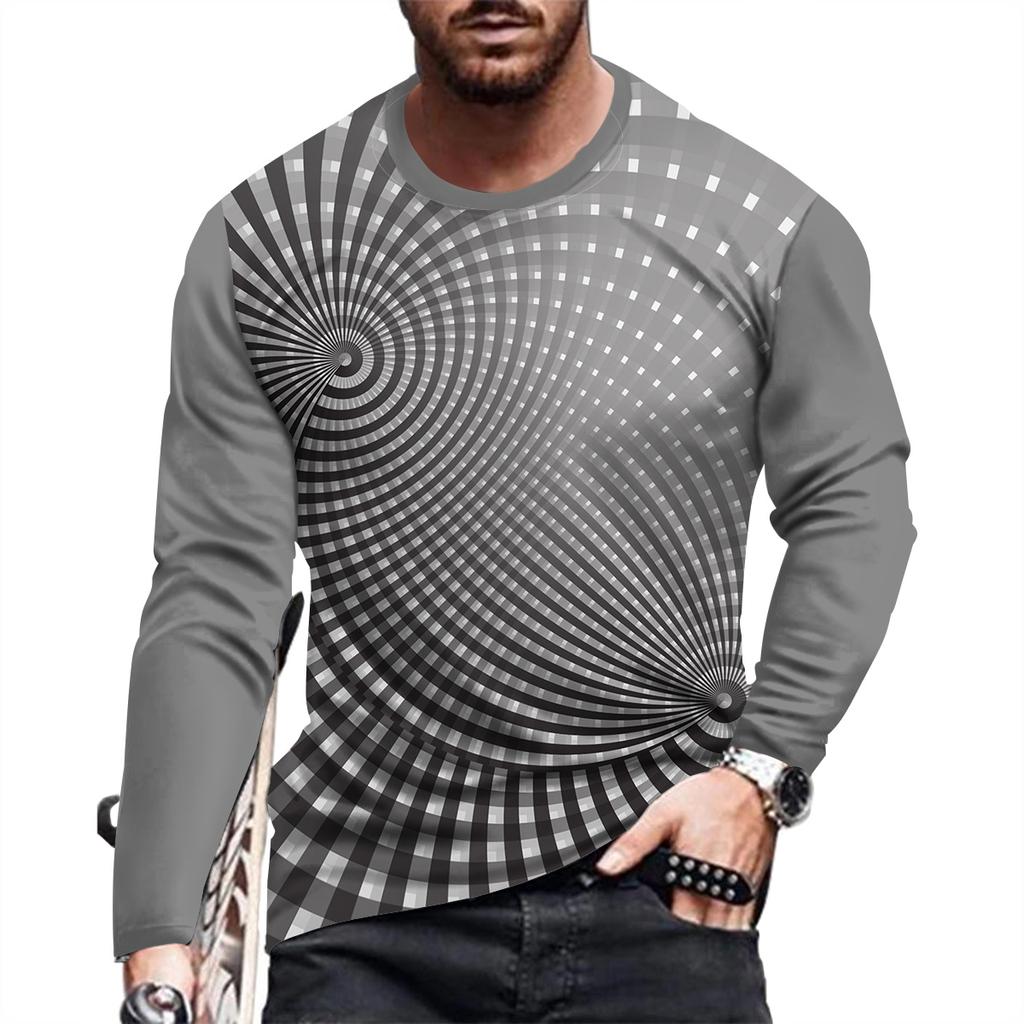 Simple Stereoscopic Pattern Print Summer Men's O-Neck T-shirt Casual Long Sleeve Oversized T Shirt Fashion Pullover Men Clothing