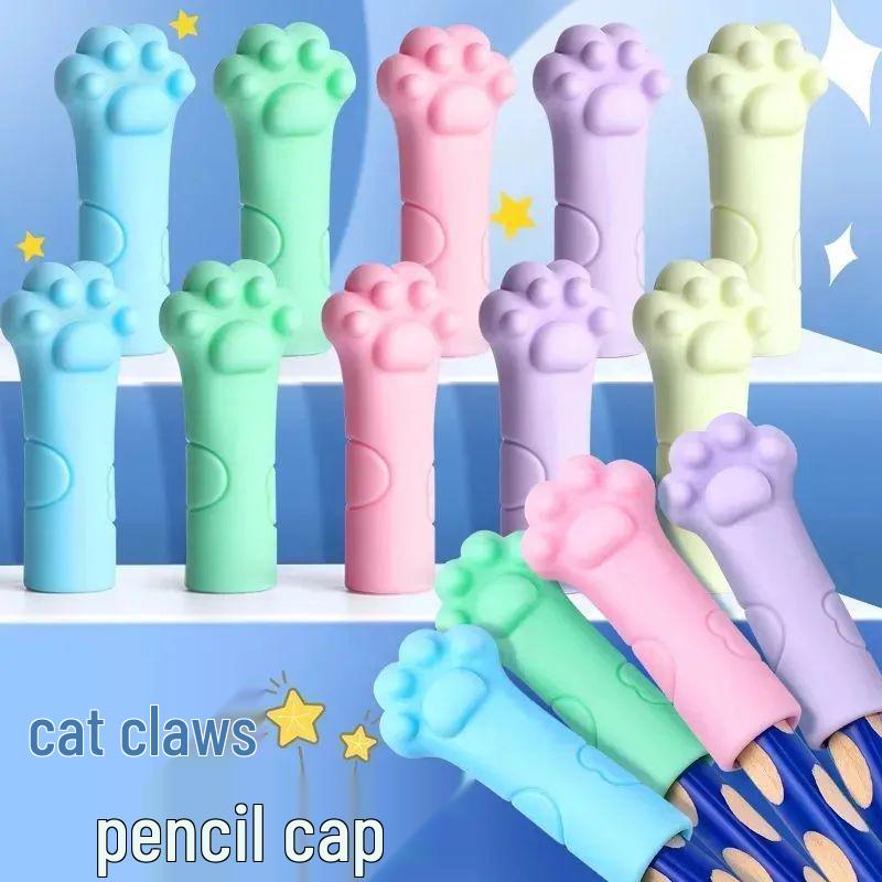 Soft Silicone Cat Paw Pencil Cap & Grip Aid for Kids - Cartoon Eraser Sleeve for Boys & Girls