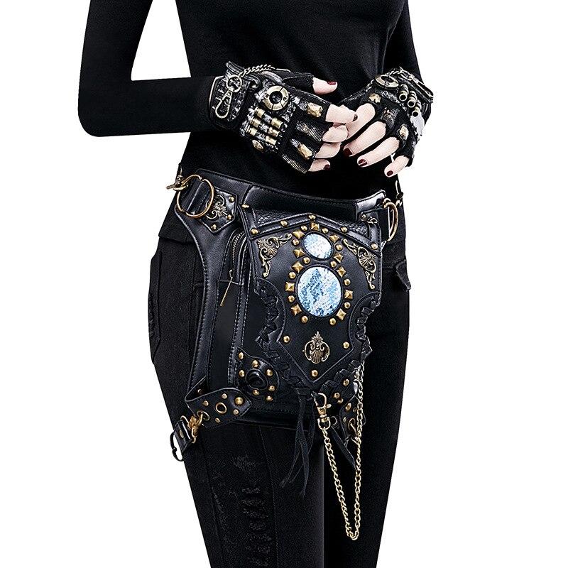 Johnature Steampunk Chain Rivet Waist Pack Unisex Moto & Biker Belt Bag Multifunkční Pu Leather Tašky přes rameno