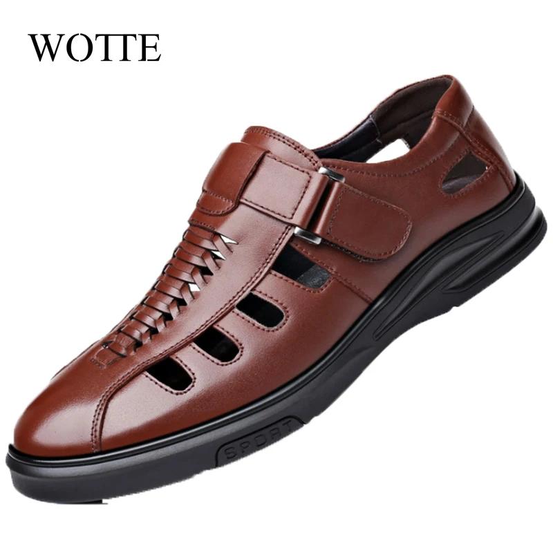 Big Size 46 47 Men's Sandals Genuine Leather Shoes Men Flats Sandals Breathable Footwear Men's Shoes Hollow Out Leather Sandals