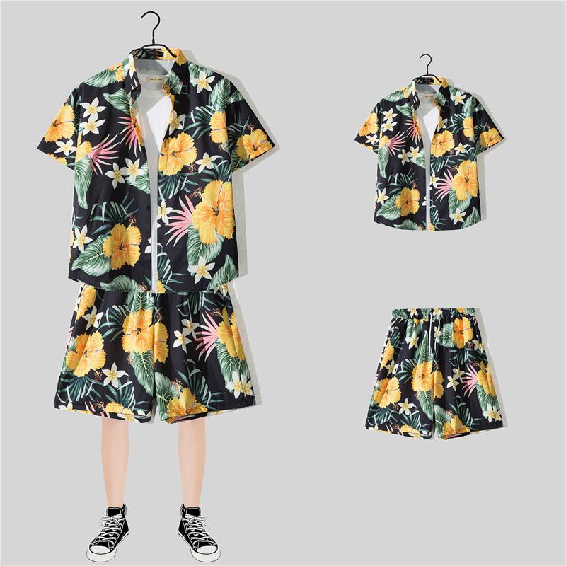 Men's Summer Travel  Single Breasted Short Sleeve Shirt Hawaiian Beach Set  Shorts Casual Vacation Suits