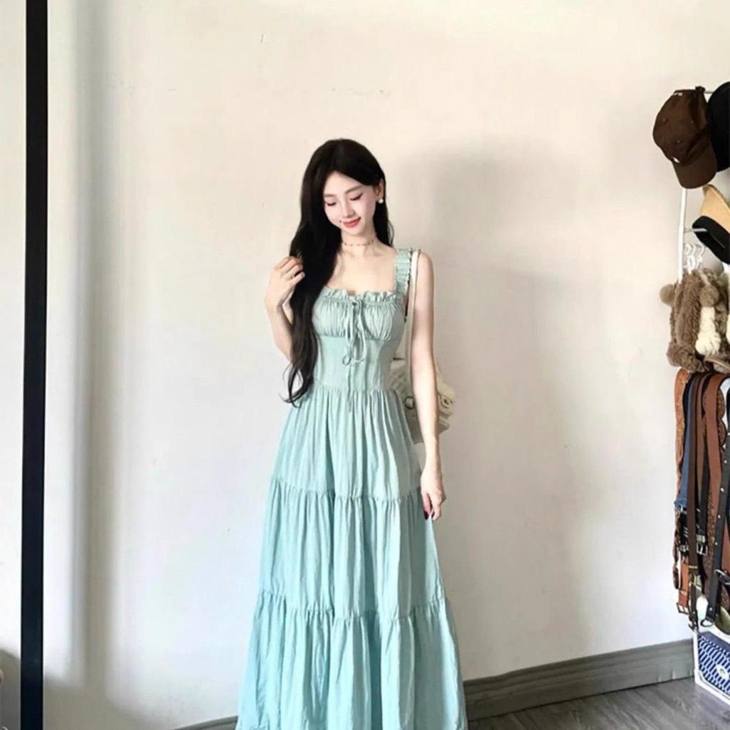 Women's Mint Green Strappy Dress: 2026 French Style, Waist-Cinching A-line Long Summer Skirt