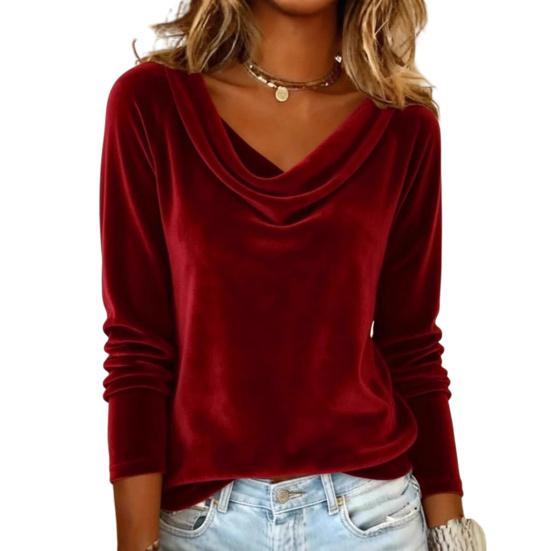 Women Tops Swing Collar Long Sleeve Velvety Fabric Solid Color Pullover Tops Golden Velvet Casual Blouse Office Date