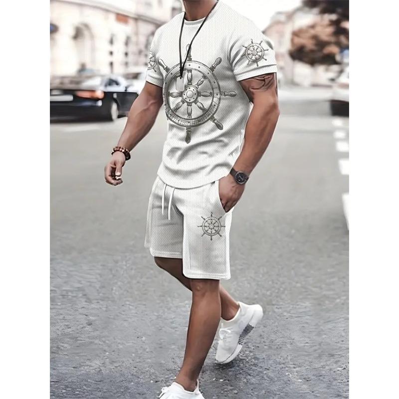 Summer Anchor Flower 3D Print T-Shirts Shorts Sets Men's Tracksuits Oversized Short Sleeve T Shirt Pants Set Man Suits Clothing