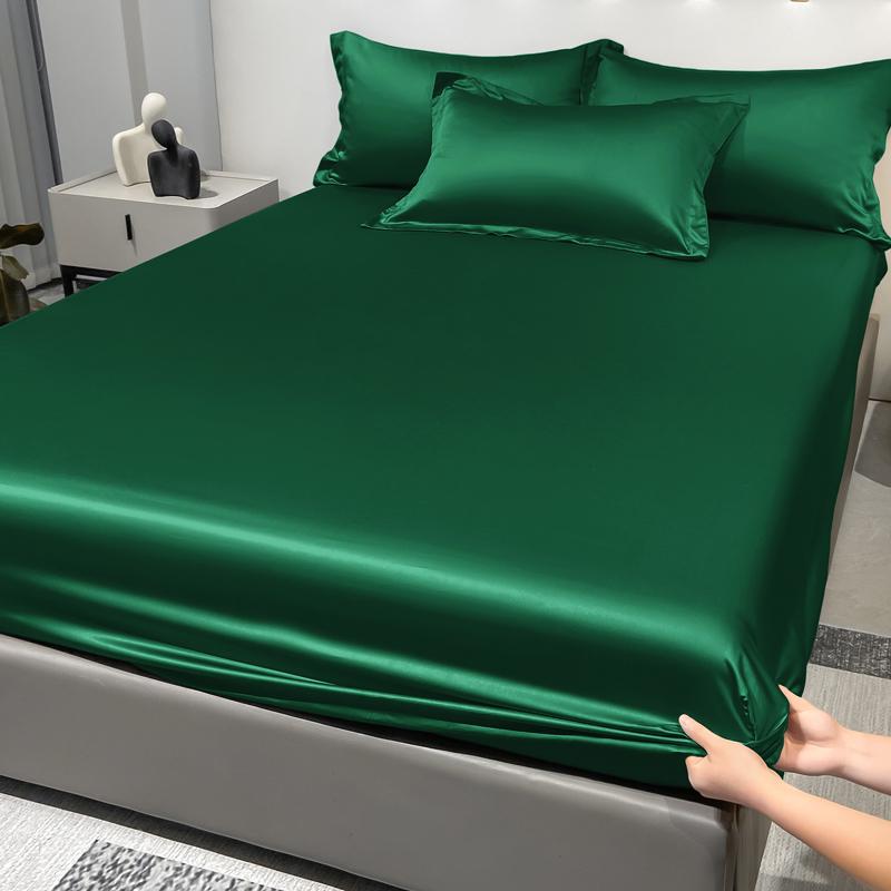 1 Simple Modern Satin Solid Color Fitted Sheet,Dark Green Color Ice Silk Bedspread For Bedroom,Bedding (Excluding Pillowcases)