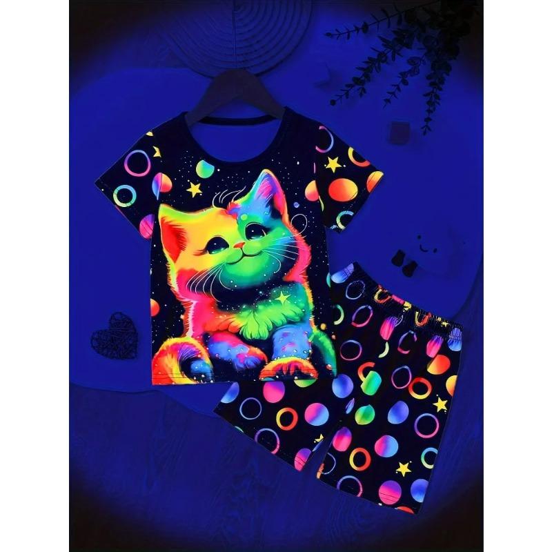 2 Pcs Girl's Glow-in-the-dark Effect Cat Pattern Short T-Shirts & Shorts Pajama Set,