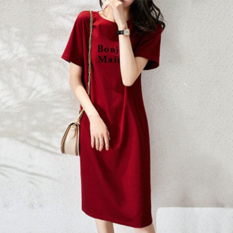 YYFS Damen Mode Sommer Frühling Federdruck Kurzarm O-Ausschnitt Lockere Taille Freizeitkleider