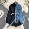 Spring Retro Hong Kong-Style Belted Denim Shirt - Women's Chic Casual Mid-Length Top
