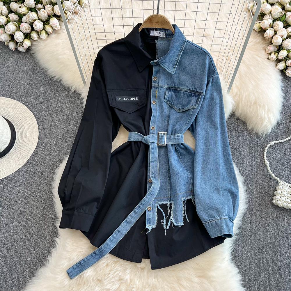 Spring Retro Hong Kong-Style Belted Denim Shirt - Women's Chic Casual Mid-Length Top
