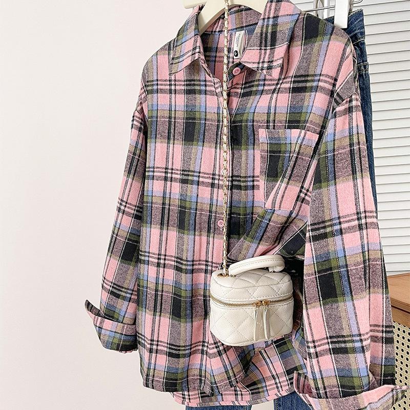 Plaid Shirt Women's Spring and Autumn New American Loose Trend Fashion Retro Ruffian Handsome Design Long-sleeved Top Jacket