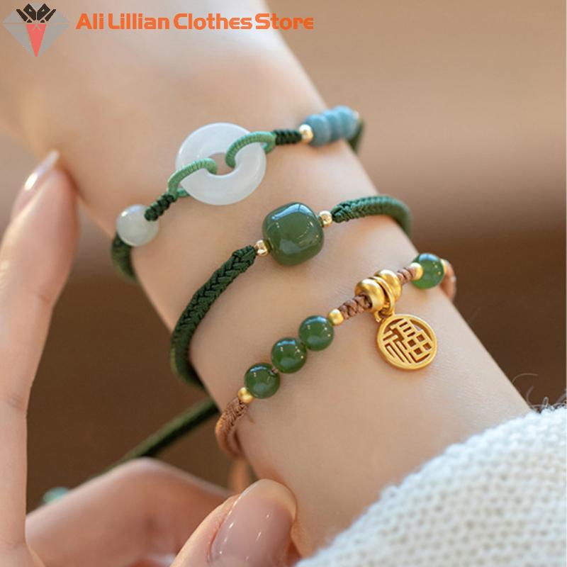 Nieuwe Ronde/Chinese Teken Natuurlijke Hetian Jade Geluksbedel Geweven Gevlochten Armbanden Voor Vrouwen Meisjes Fijne Sieraden