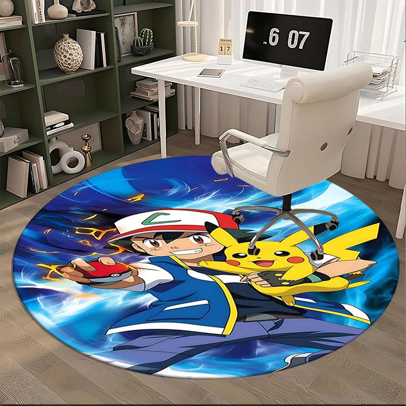 1 vnt. Pokémon Pikachu ir Ash Anime dizaino apvalus kilimas - Biuro kėdės kilimėlis, neslystantis kilimas namų dekoravimui, svetainei