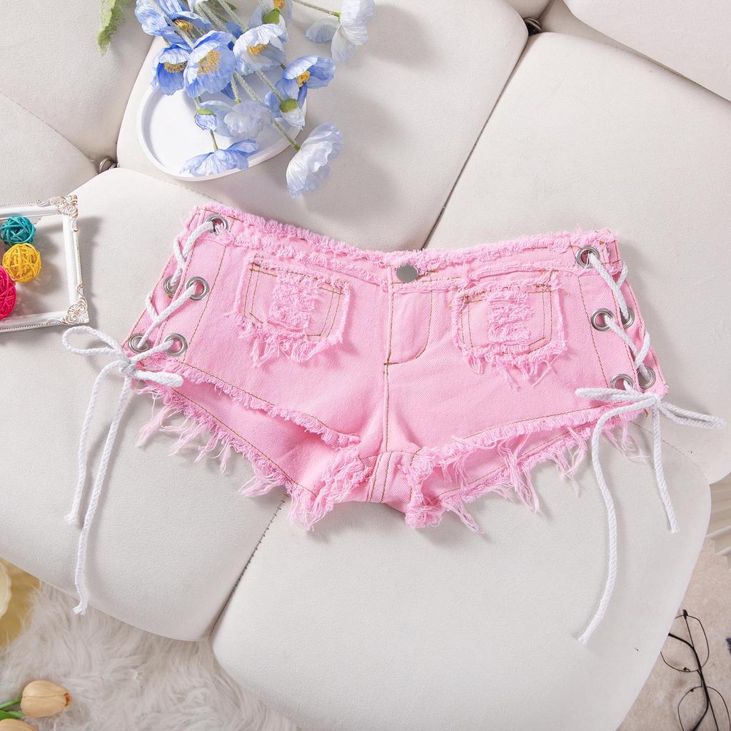 European & American Sexy Low-Waist Distressed Lace-Up Hot Pants for Women - Spring/Summer