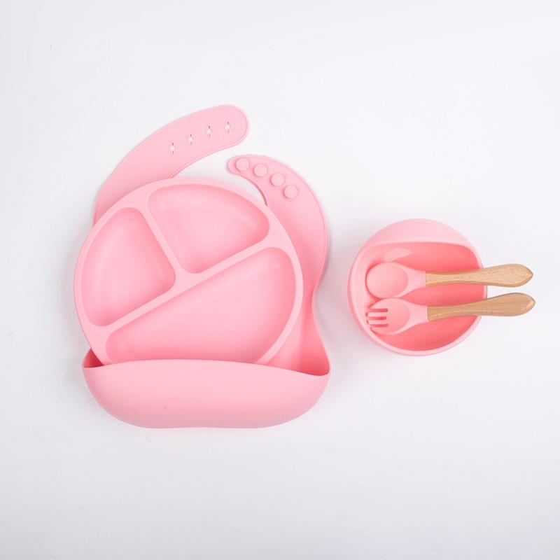 Children's Complementary Silicone Meal Plates, Bowls, Forks, Spoons, Bibs, Five Piece Tableware Set, Impact Resistant Meal Plates, Suction Cups