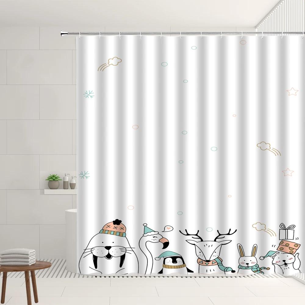 Cartoon Shower Curtain Set With Hooks Simple Watercolor Animals Pattern Children'S Room Bathroom Bathtub Decor Screens Washable