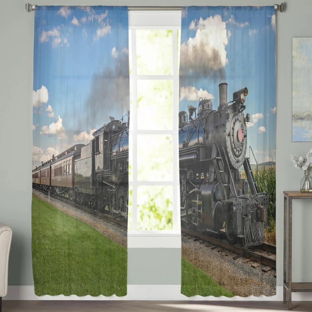 Train Railway Travel Tulle Sheer Curtains Modern Window Treatment for Kitchen Living Room Bedroom Decoration