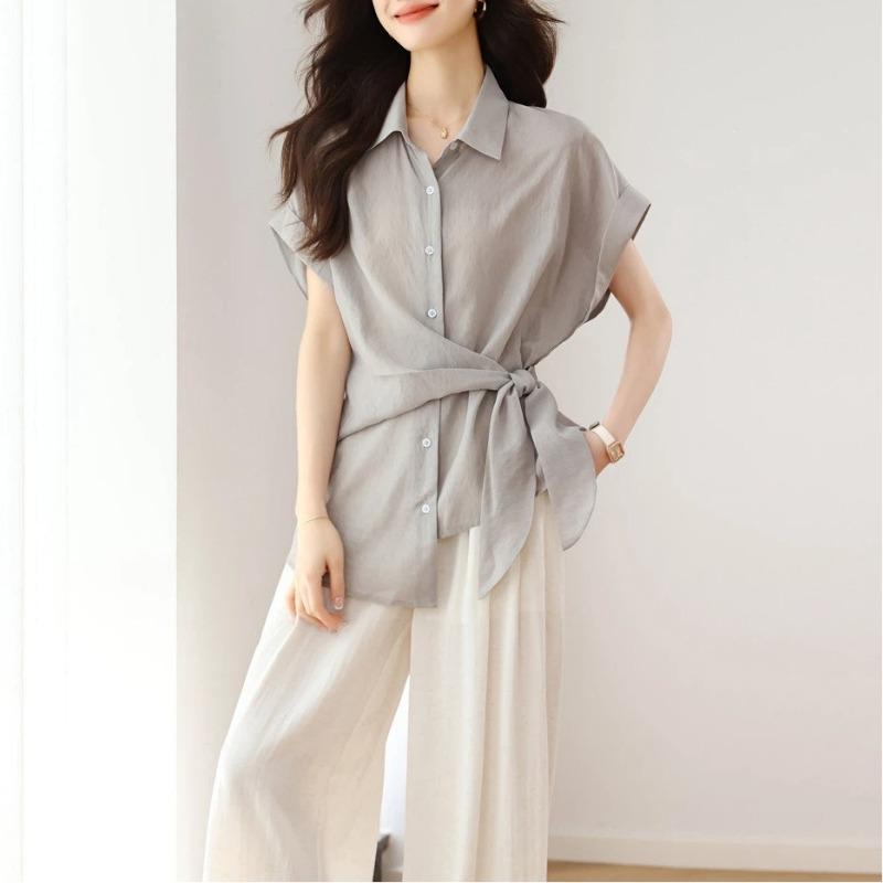Women Waist Tie Cinched Irregular Short Sleeve Casual Blouse Shirt