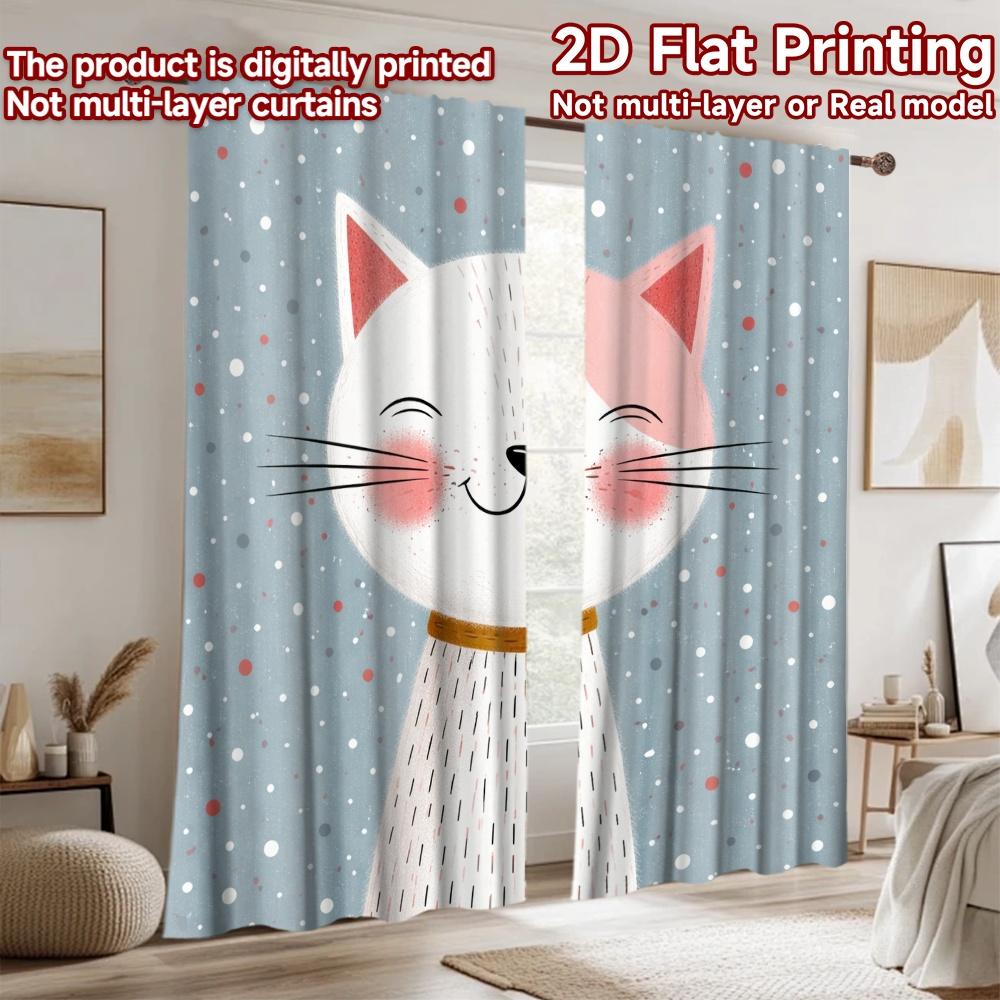 2D Flat Printing 2pcs Curtain Curtain Smiling Cat In Snow Digital Printed Polyester Drapes Family Party Use for Festive for