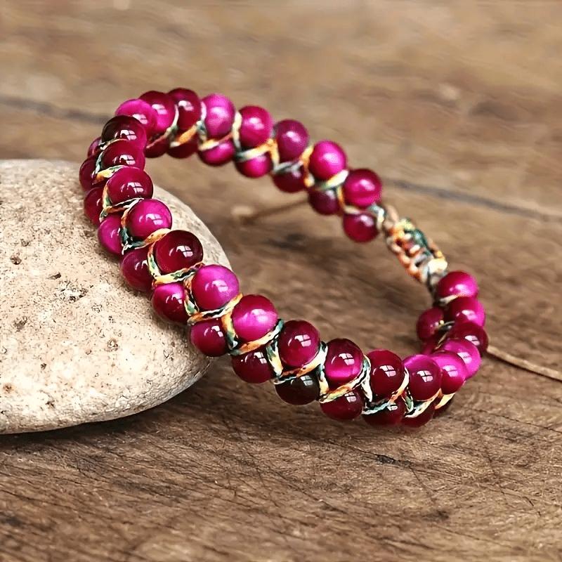 1 Pc Bohemian-style Adjustable Bracelet - Natural Cat's Eye/tiger's Eye Beads, Gold Accents, Adjustable Knot Closure
