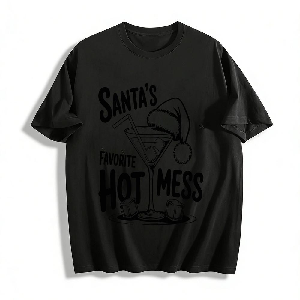 Santa's Favorite Hot Mess Christmas Cocktail Graphic Top Pure cotton T-shirt