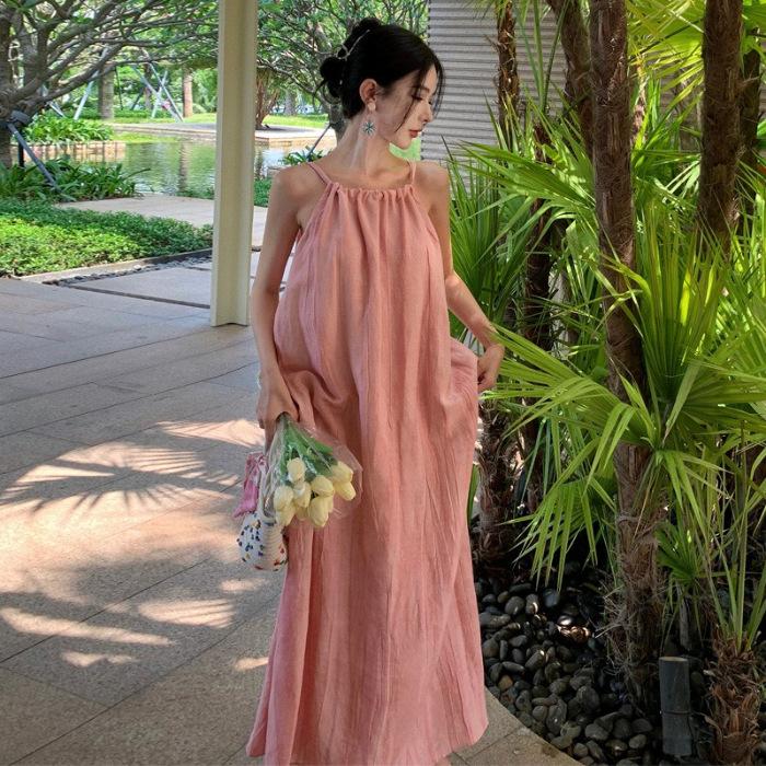Seaside Vacation Pink Sleeveless Suspender Dress Loose Lazy Wind Summer New Sweet and Spicy Skirt Women