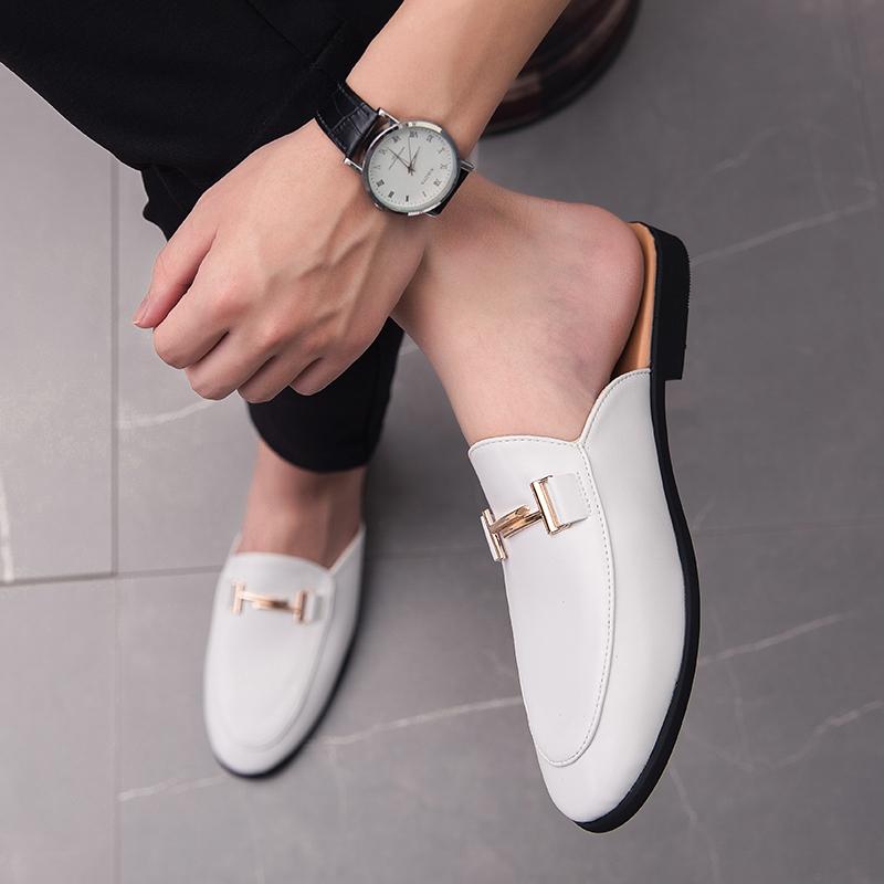 Mode Britse Stijl Heren Casual Leren Half Drag Schoenen Mode Platte Designer Outdoor Loafers Slip On Wandelen Ronde Neus Schoenen Pantoffels