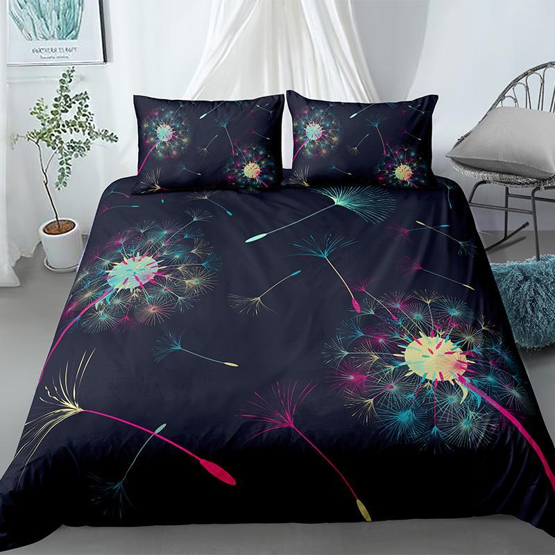 Juego de Funda Nórdica de Diente de León Estilo Fresco y Natural Juego de Cama con Cremallera Funda de Edredón Estampada de Plantas de Poliéster Para Niños Adolescentes