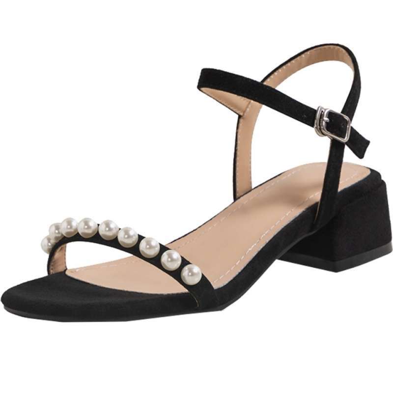 Soft leather with French pearl sandals women's 2025 new summer flat bottom Roman evening breeze gentle medium heel black