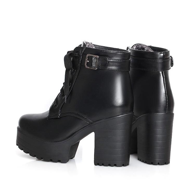 Mode Herbst Stiefel Stiefel Damen Runde Zehe Schnallenschuhe Damen Hoher Absatz Mode Übergröße Quadratische Absätze Schnürung