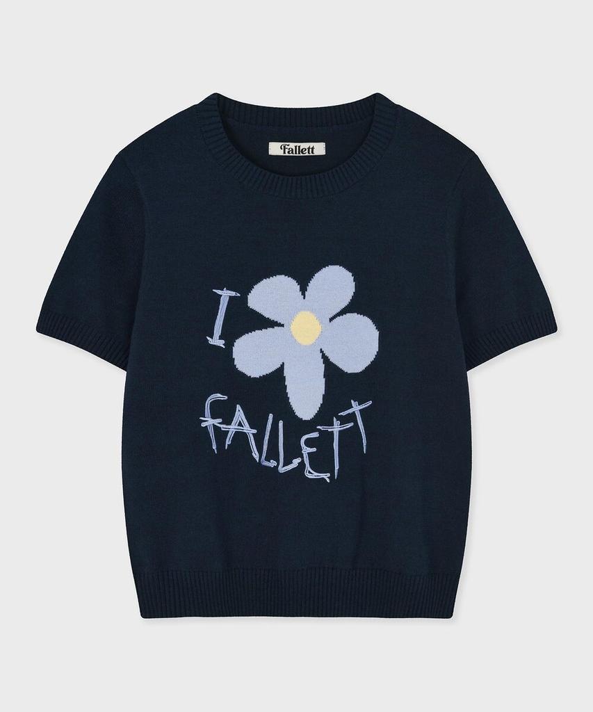 FALLETT Drawing Flower Short Sleeve Knit Navy