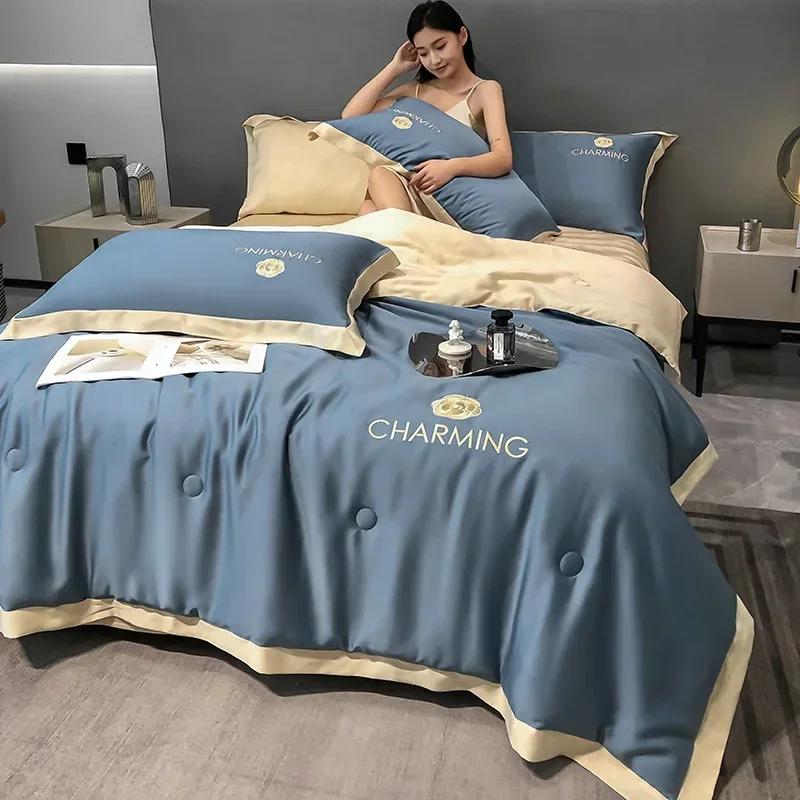 Washed Summer Ice Cool Quilt Bedding Set Single Double Thin Blanket Comforters Air-Conditioning Quilt Bedsheet Pillowcase 4PC
