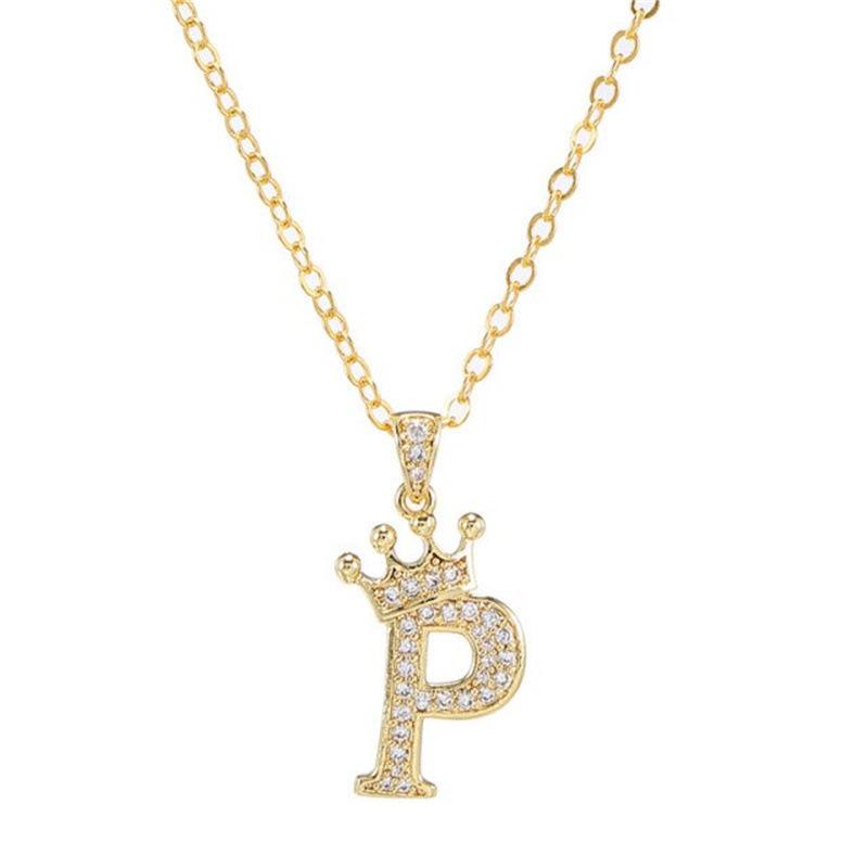 Unisex Fashion Crown A-Z Alphabet Pendant Vintage Chain Necklaces Hip-Hop Style Crystal Zircon Punk