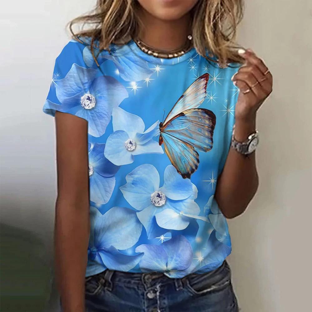 2024 Fashion Women's T-Shirt 3D Butterfly Print Crew Collar Short Sleeve Luxury Women's T-Shirt Oversized Y2K Clothing for Girls