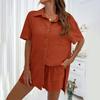 2 Pcs/Set Women Shirt Shorts Set Solid Color Short Sleeves Chest Pocket Lapel Blouse Drawstring