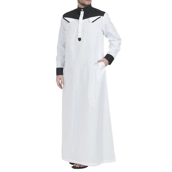 Men Mandarin Collar Long Sleeve Robe Contrast Color Buttons Half Placket Pockets Loose Fit Traditional Robe