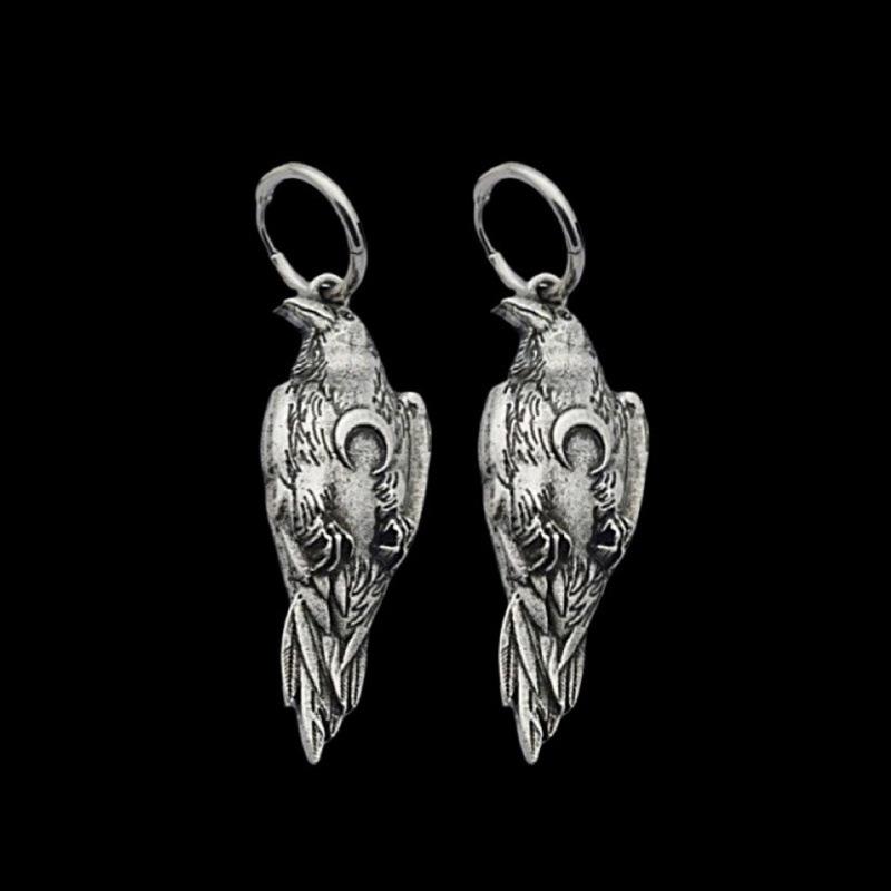 Viking Raven Necklace & Silver Earrings Set - Nordic Men's Gift, Pagan Crescent Witch Jewelry