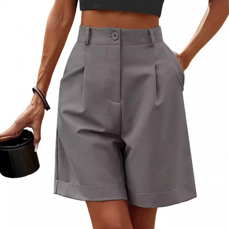 Sommar Damshorts Elastisk Hög Midja Lös Sidfickor Rak Mjuk Enfärgad Andningsbar Casual Business Kontorsshorts