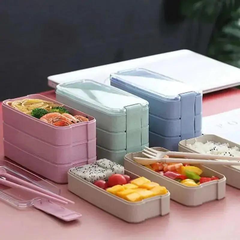 Boîte à déjeuner de style nordique en matériau sain 3 couches Paille de blé Boîtes bento Vaisselle micro-ondes Récipient de stockage alimentaire Boîtes à déjeuner
