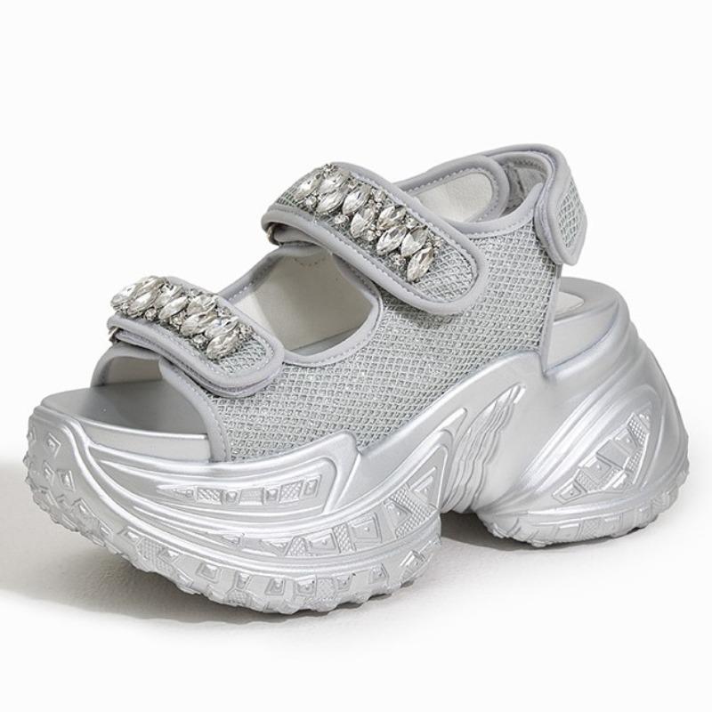 Fashion 8cm Air Mesh Microfiber Leather Platform Wedge Flats Summer Embed Crystal Peep Toe Fashion Women Sandal Slippers Pumps Shoes