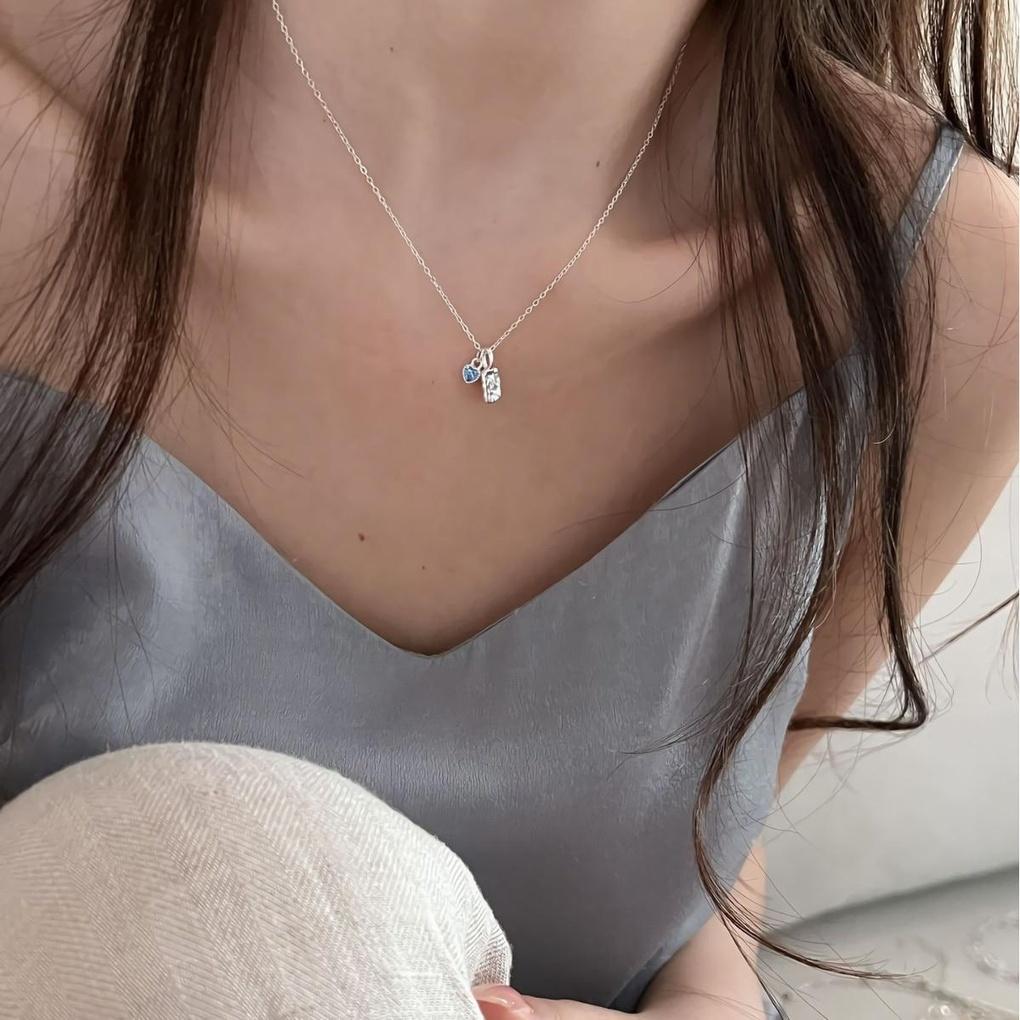 Collier Femme Cœur Bleu Rond Carré en Argent 925