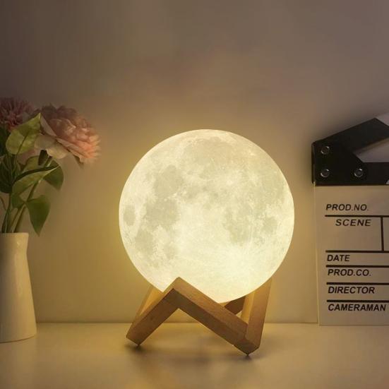 Mondlampe mit Holzsockel, 16 RGB-Farben, Design mit Berührungssensor, wiederaufladbar, 3D-Mond-Nachtlicht, Schlafzimmerdekor