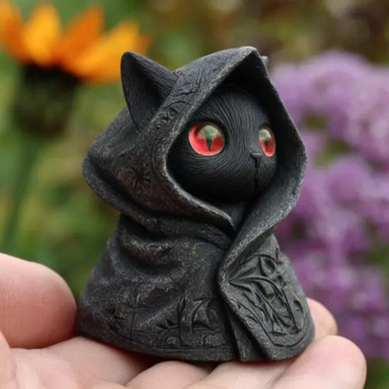 Estatua de Gato con Capucha Resina Misteriosa Figurilla de Gato Negro Gótico Mini Escultura de Gato para Mesa Decoración de Halloween Regalo para Amantes de los Gatos
