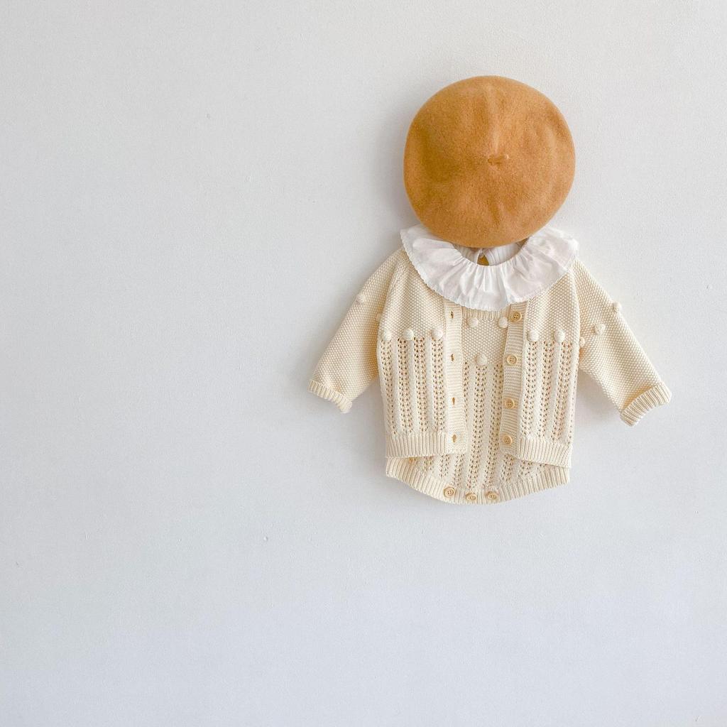 Cardigan din tricot din bumbac pentru bebeluși și copii mici + Set de salopete cu pompoane lucrate manual | Îmbrăcăminte de primăvară și toamnă pentru băieți și fete