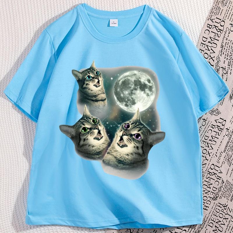 Drei Katzen Mond T-Shirt Mann Baumwolle Kurzarm Lustige Katzen Parodie T-Shirt Wolf Mond Katze Niedliches Kätzchen T-Shirt Herren Kleidung Oberteile