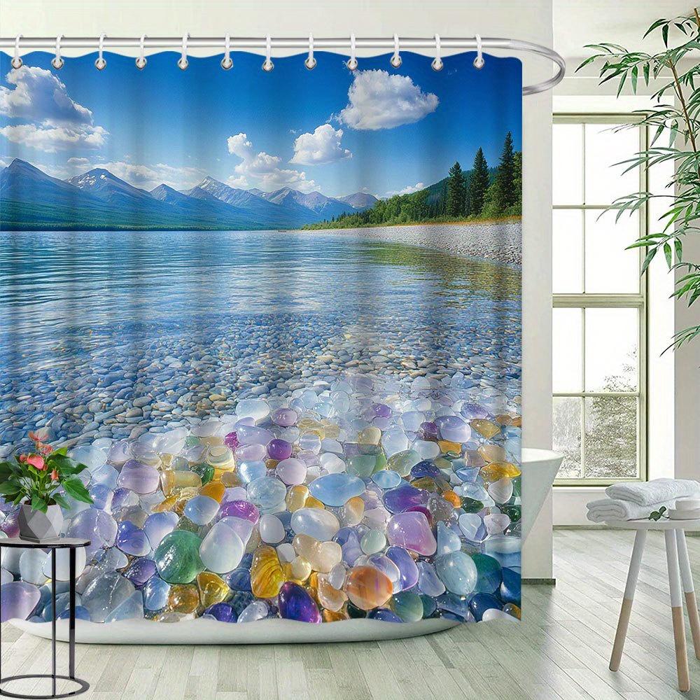 1pc Landscape Shower Curtain Stone Lake And Mountain Scenery Bathroom Decoration Polyester Fabric Contains 12 Hooks