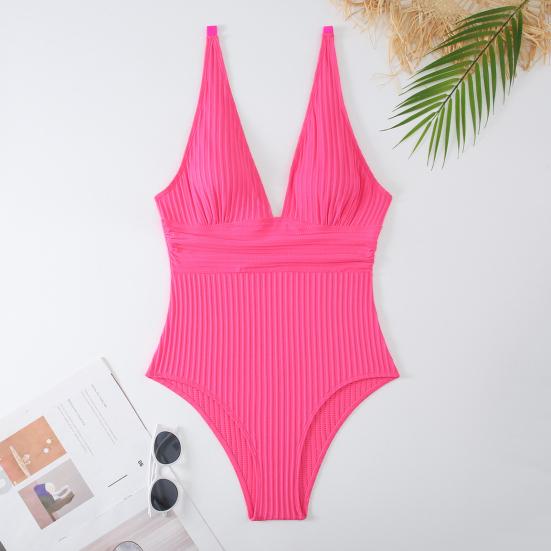 Costum de baie monokini pentru femei, cu decolteu adânc în V, fără mâneci, cu nervuri, costum de baie, cu uscare rapidă, de culoare solidă, respirabil