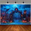 Halloween Gothic Wall Tapestry Blue Mist Cemetery Iron Gate Pumpkin Bat Full Moon Ghostly Day Cloth Party Decoration
