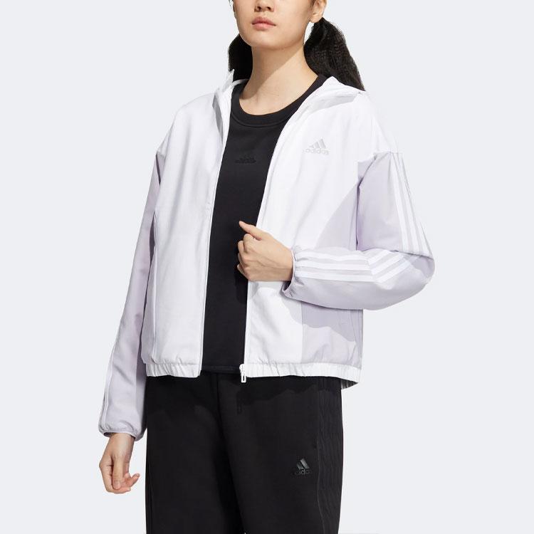 adidas Stripe Print Sports Hooded Jacket Women Outerwear White Silver HY2875