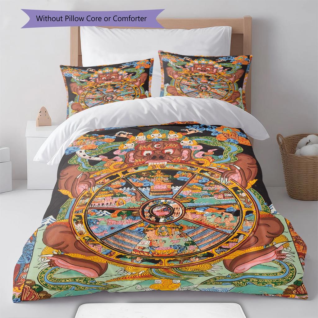 Buddhism Wheel Pattern Bedding Quilt Set Quilt Cover Pillowcase Home Decoration Gift (1 * Duvet Cover + 2 * Pillowcase, Without Core)